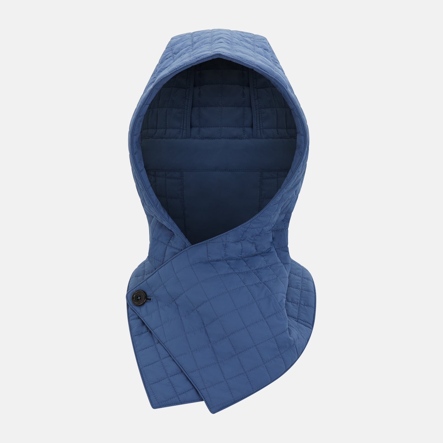 View 1 of product The Turnbull & Asser Azzurro Quilted Hood with Neck Warmer features a grid-stitched pattern, button closure, and overlapping front for added style. It draws inspiration from classic quilted jackets and is shown on a plain white background.