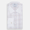 View 5 of product The Turnbull & Asser Purple Multi Plaid Check Shirt features a spread collar, double cuffs, and a fitted silhouette. Its bold plaid pattern and contrast collar add a modern touch to classic British style. Displayed on a plain white background.