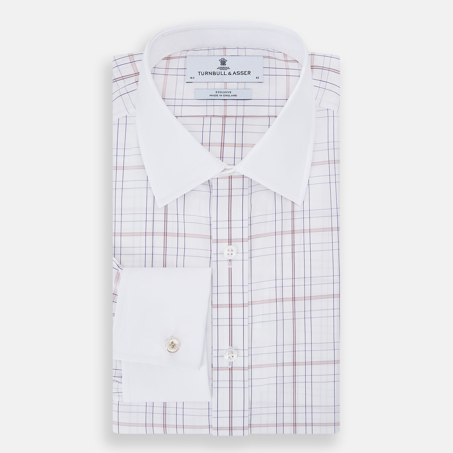 View 5 of product The Turnbull & Asser Purple Multi Plaid Check Shirt features a spread collar, double cuffs, and a fitted silhouette. Its bold plaid pattern and contrast collar add a modern touch to classic British style. Displayed on a plain white background.