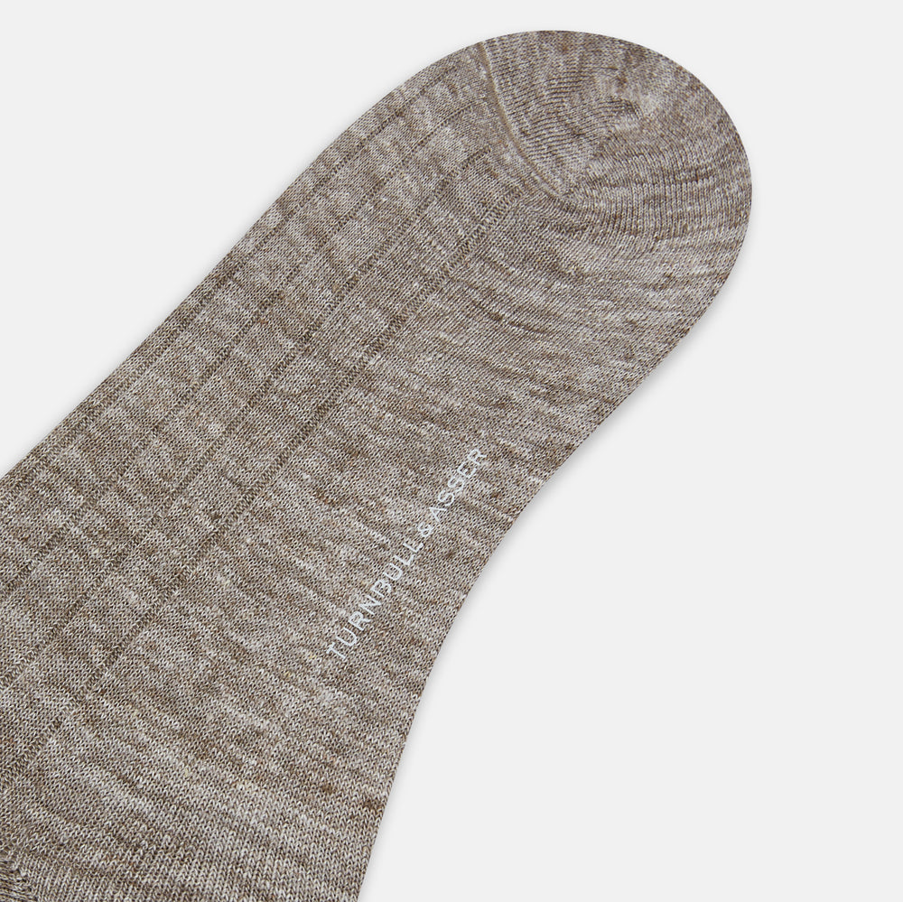 Turnbull & Asser Coffee Linen Mid-Length Sock—brown, textured heathered fabric, displayed upright on white. Ideal for comfortable everyday wear.