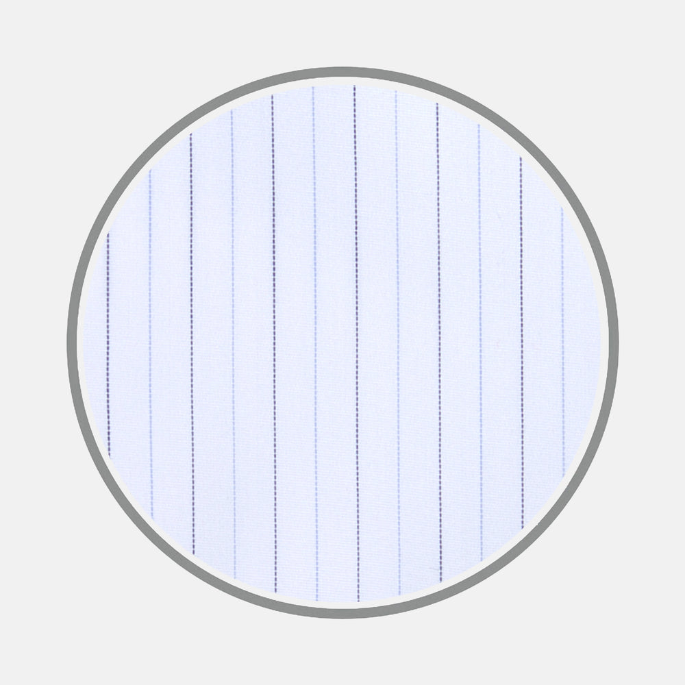 Close-up of Turnbull & Asser's Lilac, Blue and Navy Hairline Stripe Sea Island Quality Cotton Fabric, featuring evenly spaced thin pinstripes, displayed within a circular frame on a light gray background.