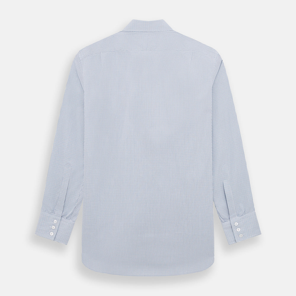 The Turnbull & Asser Blue Micro Graph Check Mayfair Shirt features long sleeves, a subtle check pattern, T&A collar, and buttoned cuffs, shown laid flat on a white background.