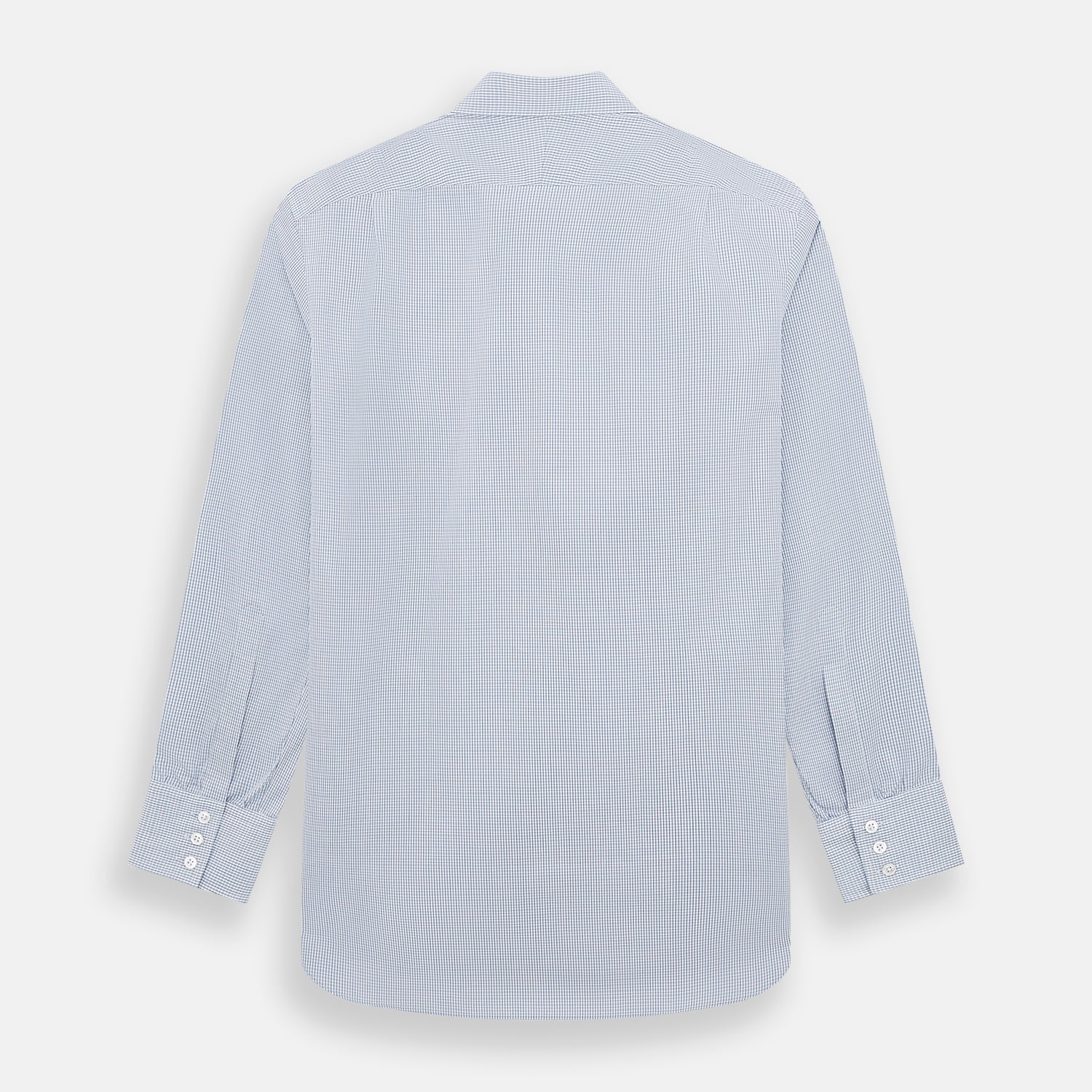 View 3 of product The Turnbull & Asser Blue Micro Graph Check Mayfair Shirt features long sleeves, a subtle check pattern, T&A collar, and buttoned cuffs, shown laid flat on a white background.