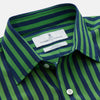 View 3 of product The Turnbull & Asser Green and Navy Candy Stripe Silk Weekend Fit Harold Shirt features long sleeves, a button-up front, collar, and cuffs, displayed laid flat on a white background.