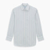 View 7 of product The Turnbull & Asser Multicoloured Double Pinstripe Mayfair Shirt, made from organic cotton, features thin blue, green, and pink stripes on white and is displayed laid flat on a white surface.