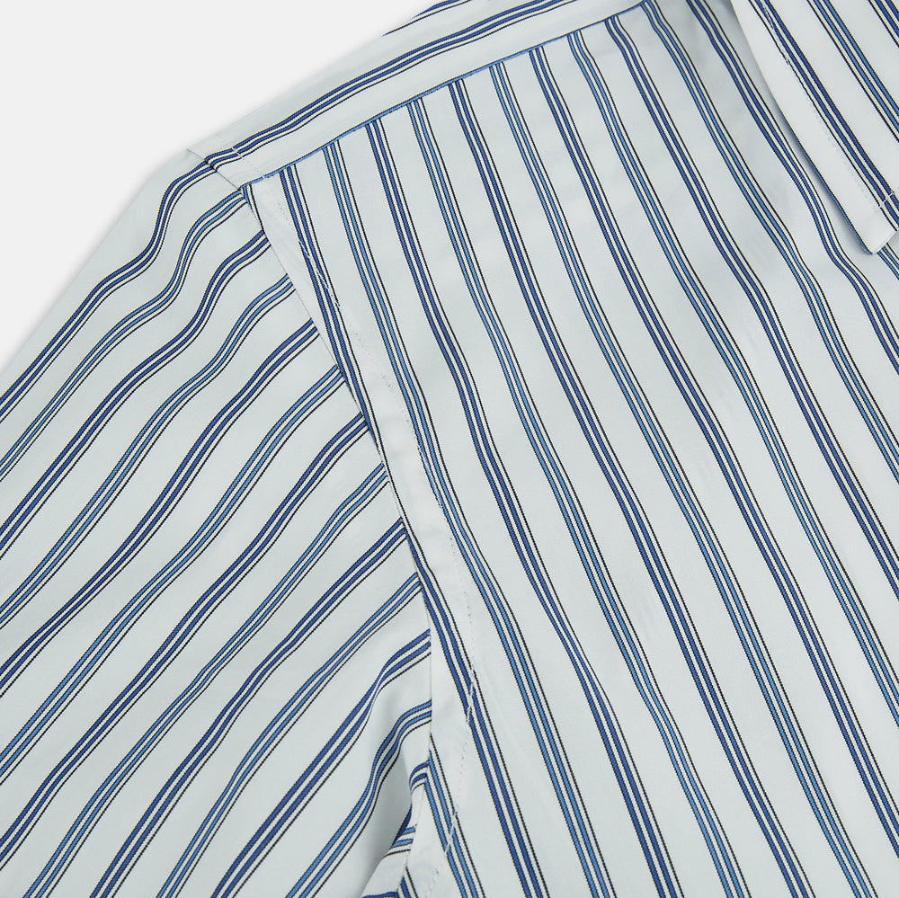 The Sapphire Blue Multi Track Stripe Westminster Shirt by Turnbull & Asser features a turnbull collar and vertical stripes, elegantly displayed flat against a white background—an ideal example of British craftsmanship.