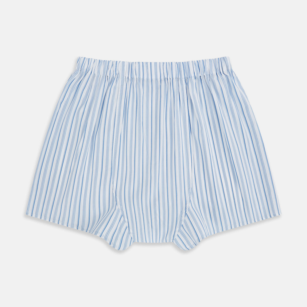 The Blue Multi Stripe Godfrey Boxer Shorts by Turnbull & Asser, crafted from premium Italian cotton with an elastic waistband, are shown flat on a white background—ideal for those seeking luxury men's underwear.