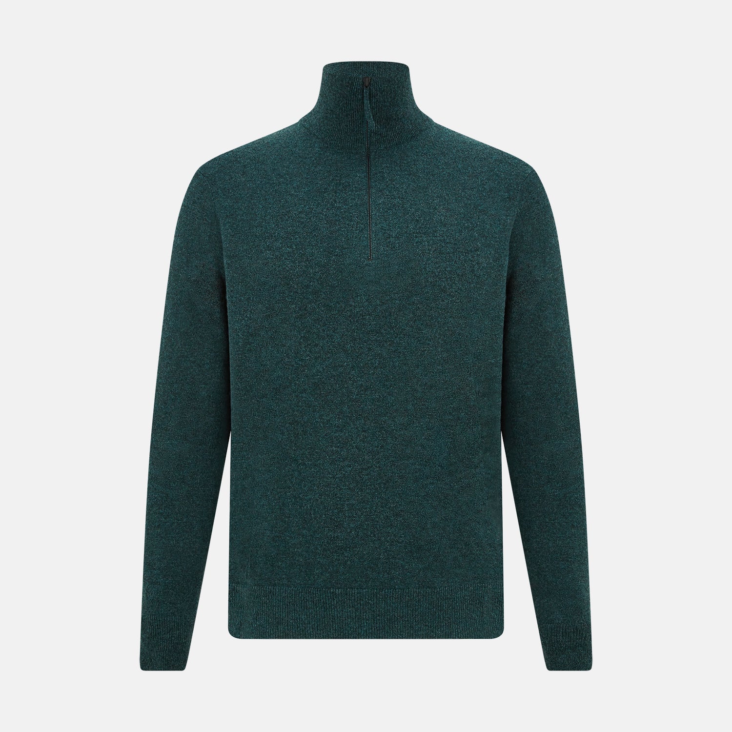 View 1 of product The Forest Green Melange Half-Zip Cashmere Jumper by Turnbull & Asser features a high collar and long sleeves, showcased against a plain white background.