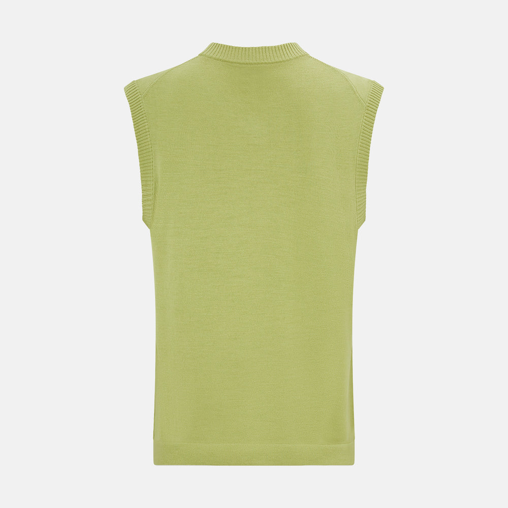 The Turnbull & Asser Melon Green Fine Merino V-Neck Vest, sleeveless with ribbed edges, is shown on a white background—ideal for layering or wearing alone as an elegant gentleman's piece.