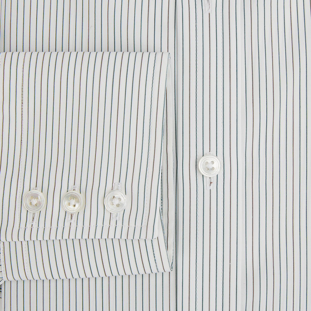 The Turnbull & Asser Green and Brown Ticking Stripe Mayfair Shirt, a long-sleeve, button-up style with a T&A collar, is crafted from premium Italian cotton and laid flat on a white background.