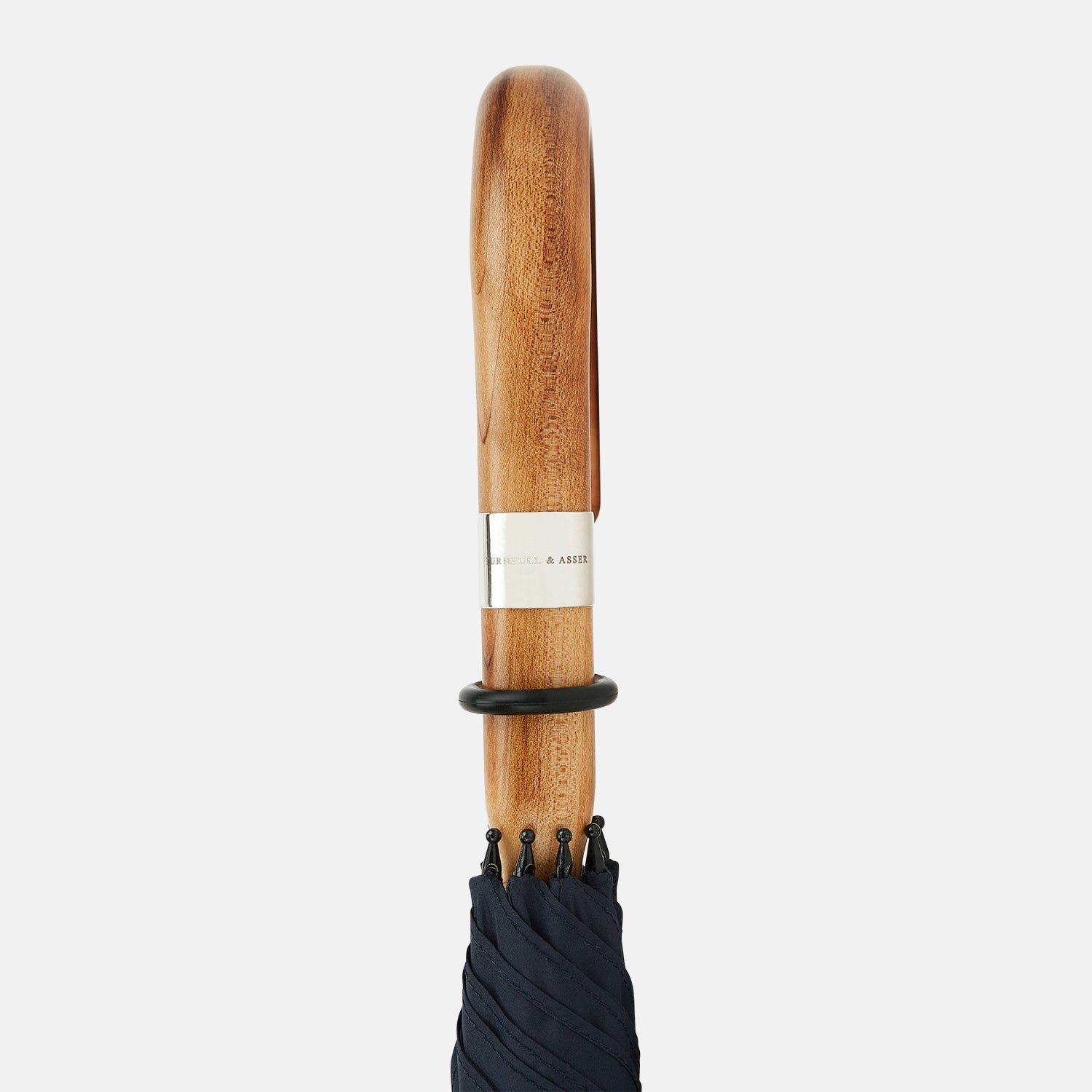 View 3 of product The Turnbull & Asser Navy Umbrella with Maple Crook Handle is open against a white background—an elegant men's accessory inspired by classic style.