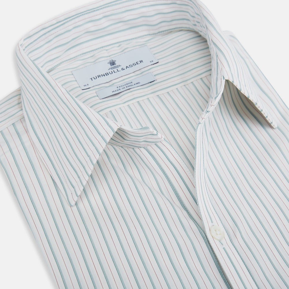 The Turnbull & Asser Turquoise and Red Ticking Stripe Windsor Shirt, featuring a classic collar and buttoned cuffs, is displayed flat against a white background.