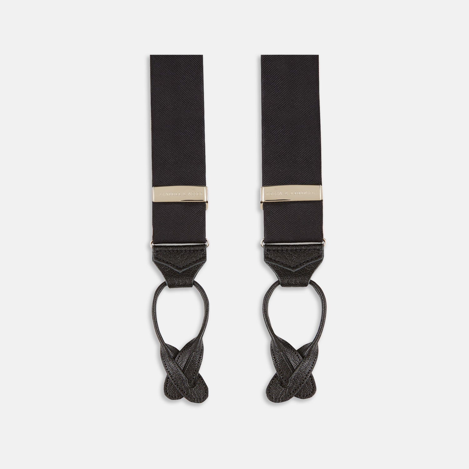View 1 of product Turnbull & Asser Black Herringbone Adjustable Silk Braces feature leather button loops and silver adjusters—ideal for refined sartorial style. Displayed on a white background.