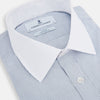 View 2 of product The Turnbull & Asser Navy and Blue Ticking Stripe Shirt features a contrast white collar and double cuffs, displayed on a plain white background. Tailored in the sleek Mayfair fit, it’s ideal for formal attire.
