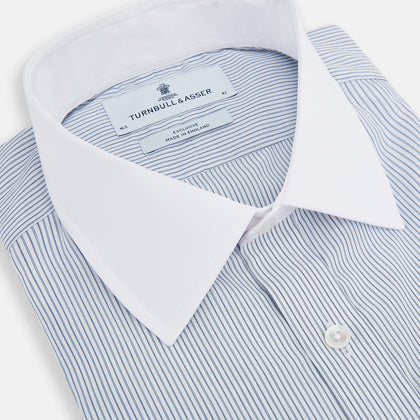 Navy and Blue Ticking Stripe Shirt with Contrast Collar and Double Cuffs