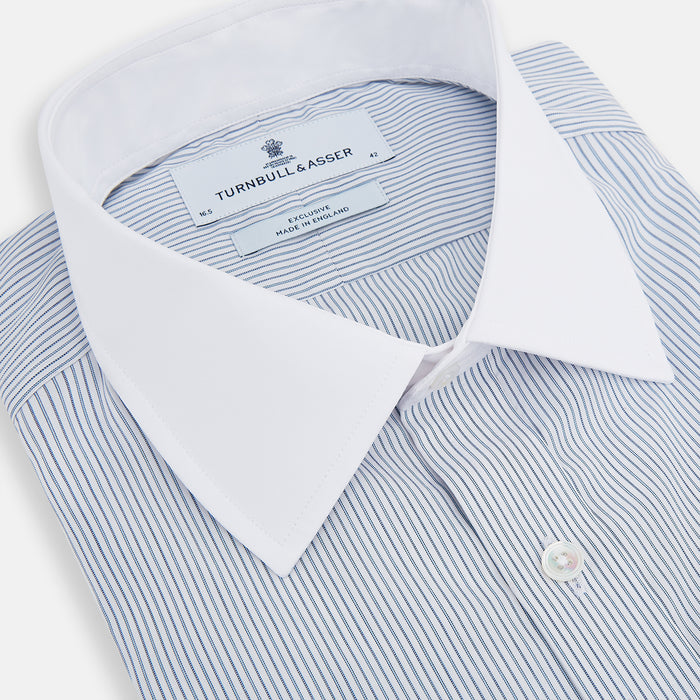 Navy and Blue Ticking Stripe Shirt with Contrast Collar and Double Cuffs Image 1