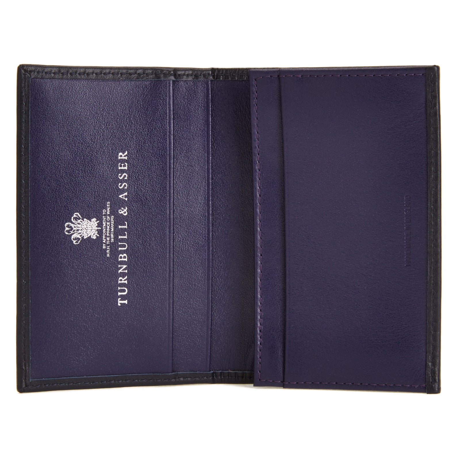 View 2 of product The Deep Blue Foldable Card Case by Turnbull & Asser stands upright and partially open, displaying its rich blue interior against a plain white background.