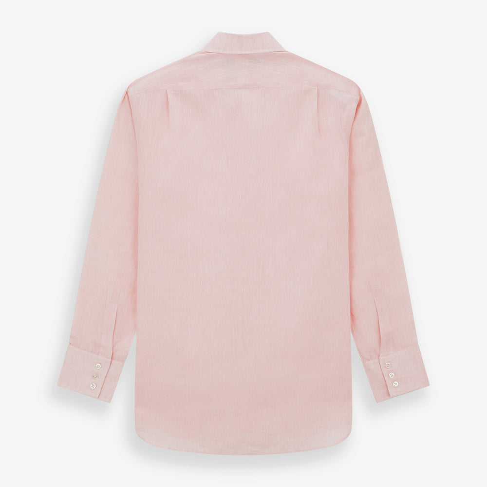 The Turnbull & Asser Pink Linen Shirt features a T&A collar, 3-button cuffs, and classic white buttons. This long-sleeved summer staple is shown on a plain white background.