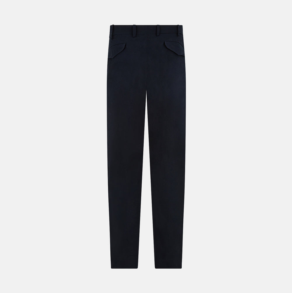 Turnbull & Asser’s Midnight Blue Winston Trousers, in high-twist cotton with belt loops and a button closure, are shown flat against a plain white background.