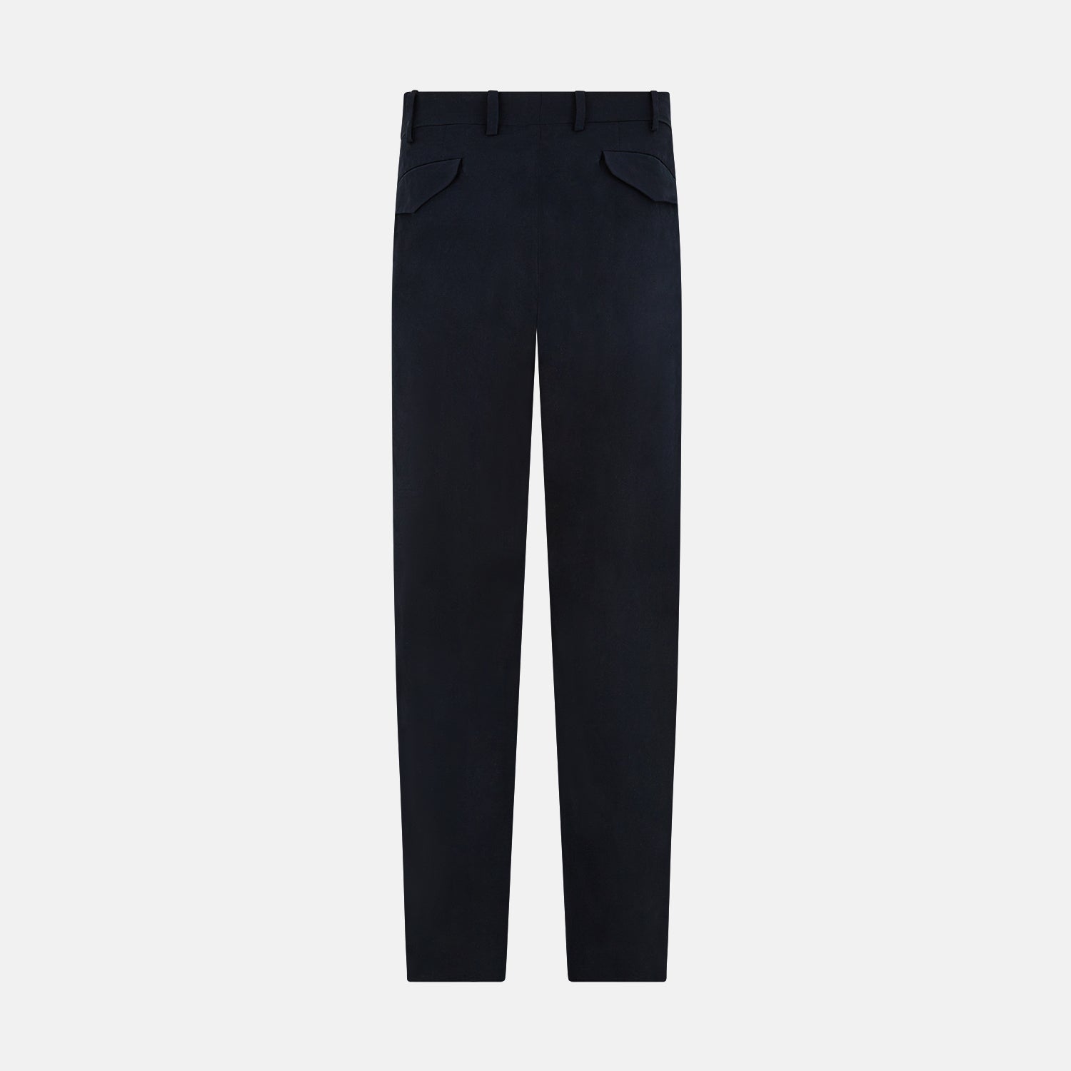 View 11 of product Turnbull & Asser’s Midnight Blue Winston Trousers, in high-twist cotton with belt loops and a button closure, are shown flat against a plain white background.