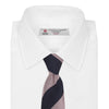 View 3 of product The Turnbull & Asser Navy and Rose Block Stripe Repp Silk Tie, crafted from luxurious silk, features bold diagonal stripes and is displayed rolled up on a plain white background.