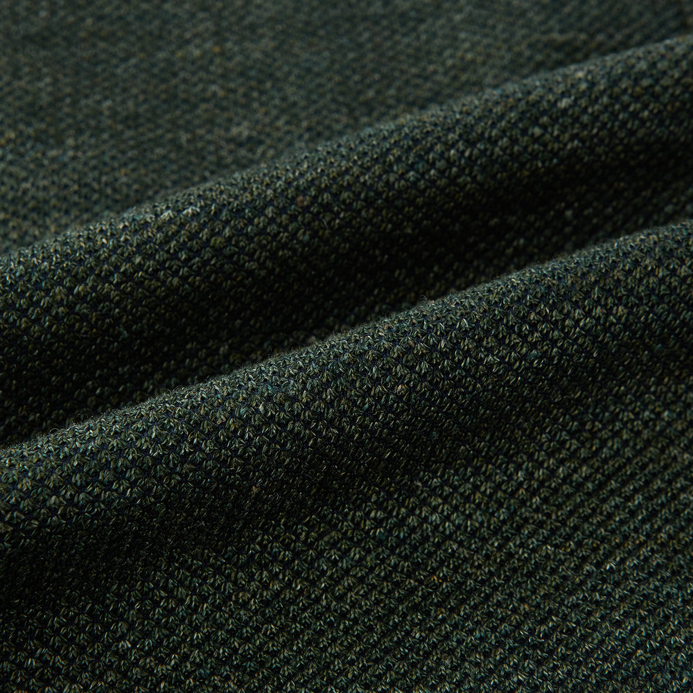 The Turnbull & Asser Forest Green Linen Blend Cambridge Blazer features British tailoring with notch lapels, two front buttons, a chest pocket, and two lower pockets, displayed on a plain white background.