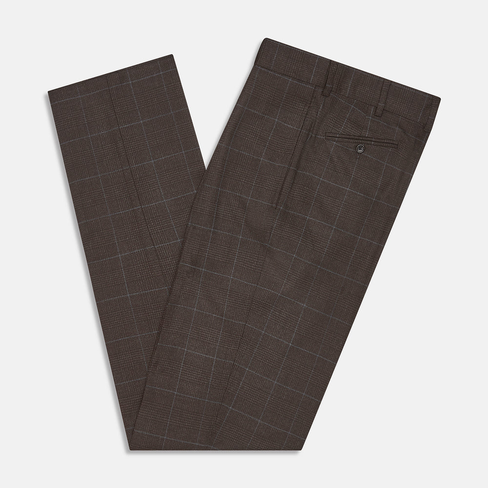 The Turnbull & Asser Brown Check Arthur Trousers feature a straight leg, button and zip closure, belt loops, and front pleats, shown against a plain white background.