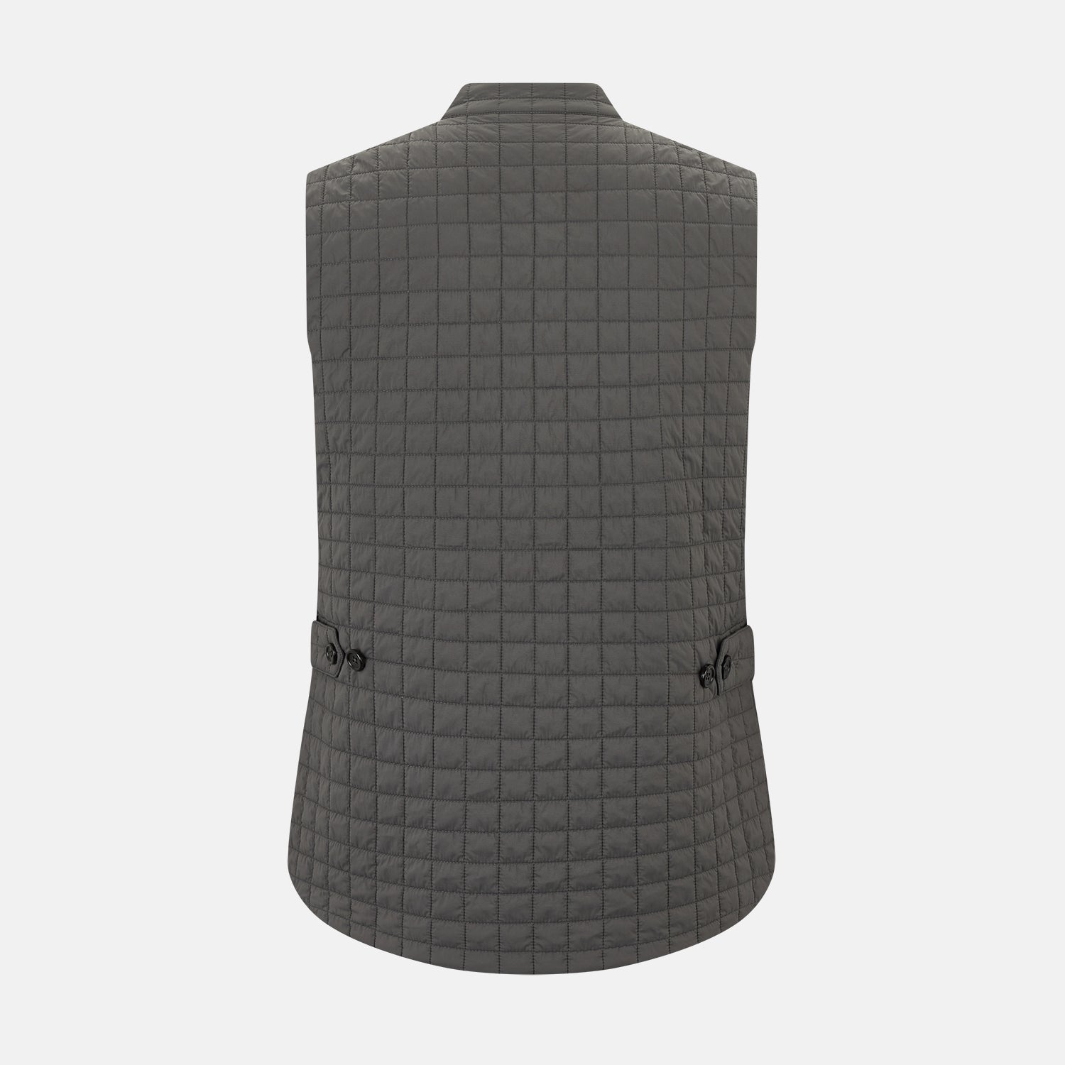 Image 3 of product The Turnbull & Asser Shadow Grey Double-Breasted Quilted Gilet features a sleeveless design, asymmetrical collar, side zip pockets, slanted chest pocket, grid pattern, and modern black buttons—perfect for layered dressing.