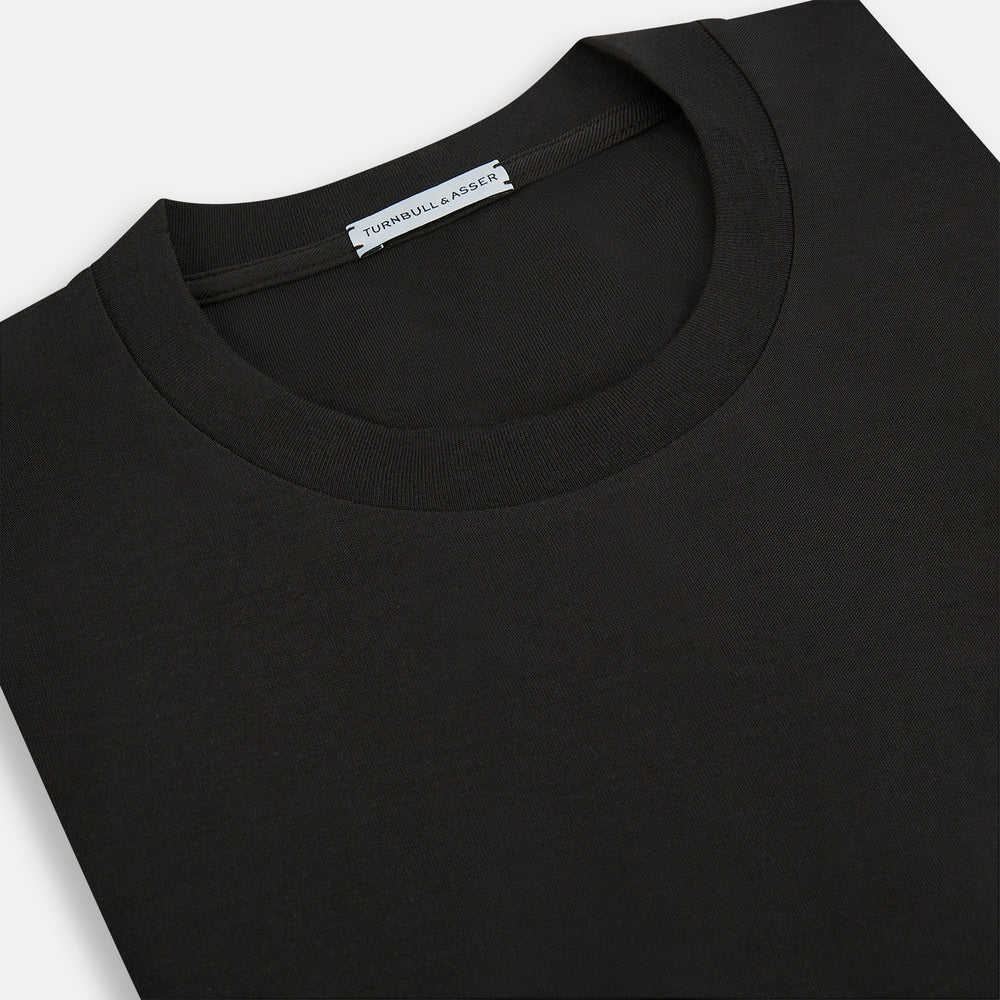 The Turnbull & Asser Dark Chocolate Short-Sleeve T-shirt, shown flat on a white background, features a crew neckline and relaxed fit—offering versatile style and premium comfort for any wardrobe.