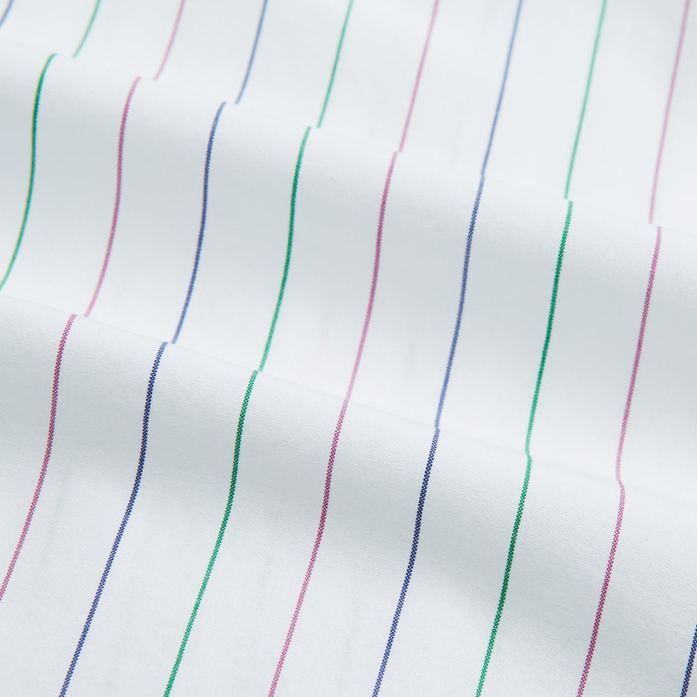 The Turnbull & Asser Pink and Green Wide Pinstripe Mayfair Shirt is a long-sleeve, button-up shirt made from organic cotton, shown laid flat on a white background.