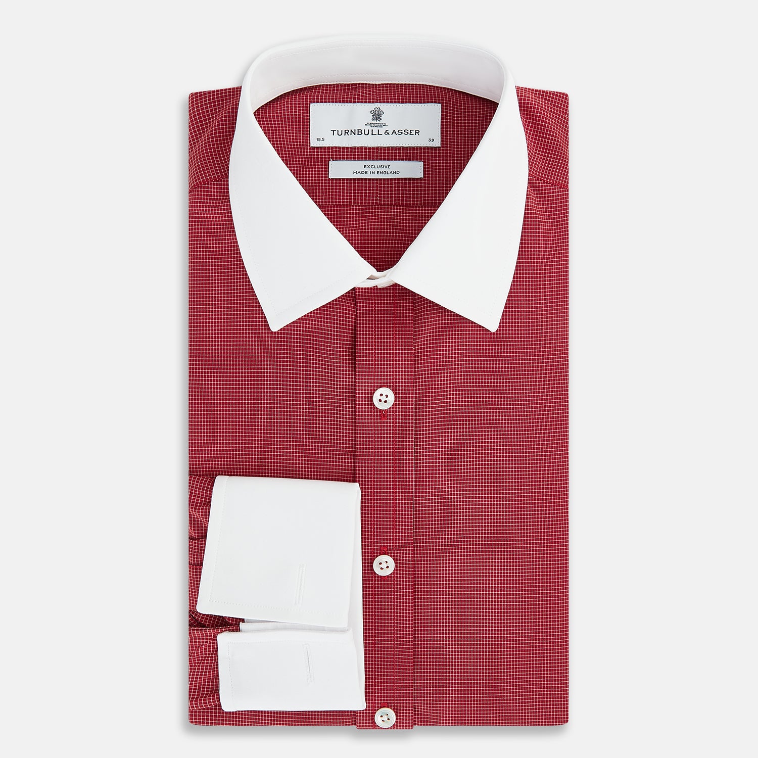 Image 5 of product The Turnbull & Asser Dark Red Pin Check Shirt features a crisp white contrast collar and cuffs, with long sleeves and button-up design, shown against a white background.