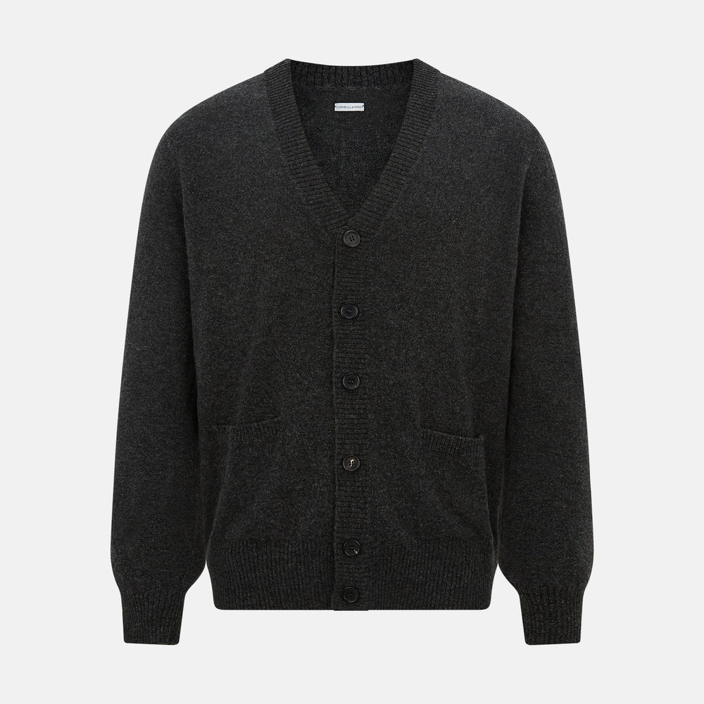 The Turnbull & Asser Dark Grey Melange Cashmere Cardigan features long sleeves, ribbed cuffs and hem, and two front pockets, shown on a plain white background.