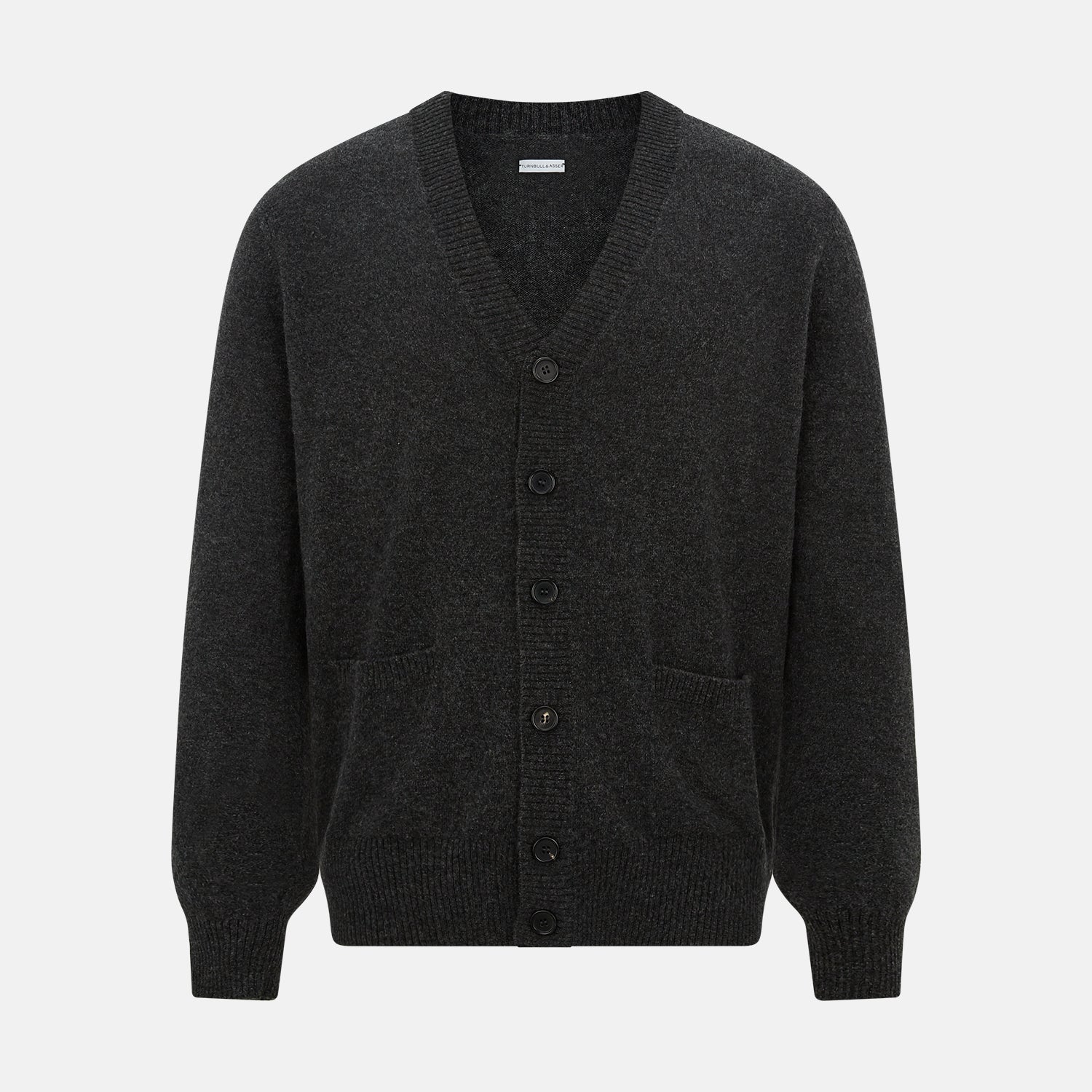 View 1 of product The Turnbull & Asser Dark Grey Melange Cashmere Cardigan features long sleeves, ribbed cuffs and hem, and two front pockets, shown on a plain white background.