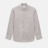 View 1 of product The Burgundy Halo Stripe Westminster Shirt by Turnbull & Asser features long sleeves, a button-up front, a Westminster collar, and thin vertical brown and white stripes, shown on a plain white background.