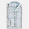 View 5 of product The Turnbull & Asser Burgundy Combination Check Mayfair Shirt is a long-sleeve button-up dress shirt with a check pattern, ideal for formal wear and shown on a plain white background.