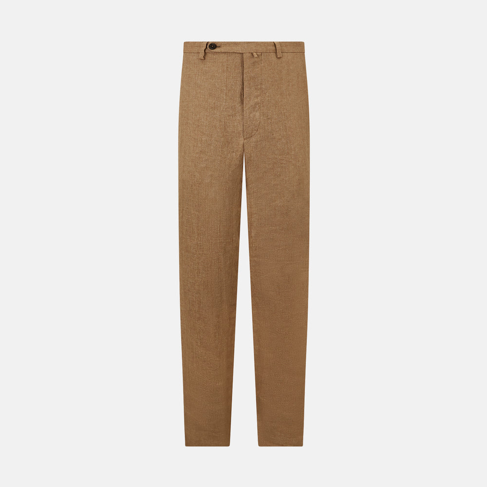 The Turnbull & Asser Camel Striped Linen Edmund trousers feature a straight-leg fit, button and zipper closure, belt loops, and pockets, crafted from lightweight summer fabric and shown against a white background.