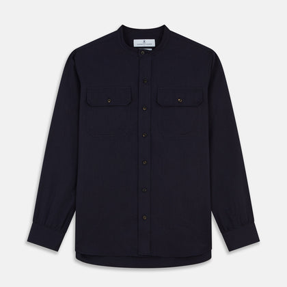 Navy Military Weekend Fit Cotton & Wool Shirt with Stand Collar and 1 Button Cuffs