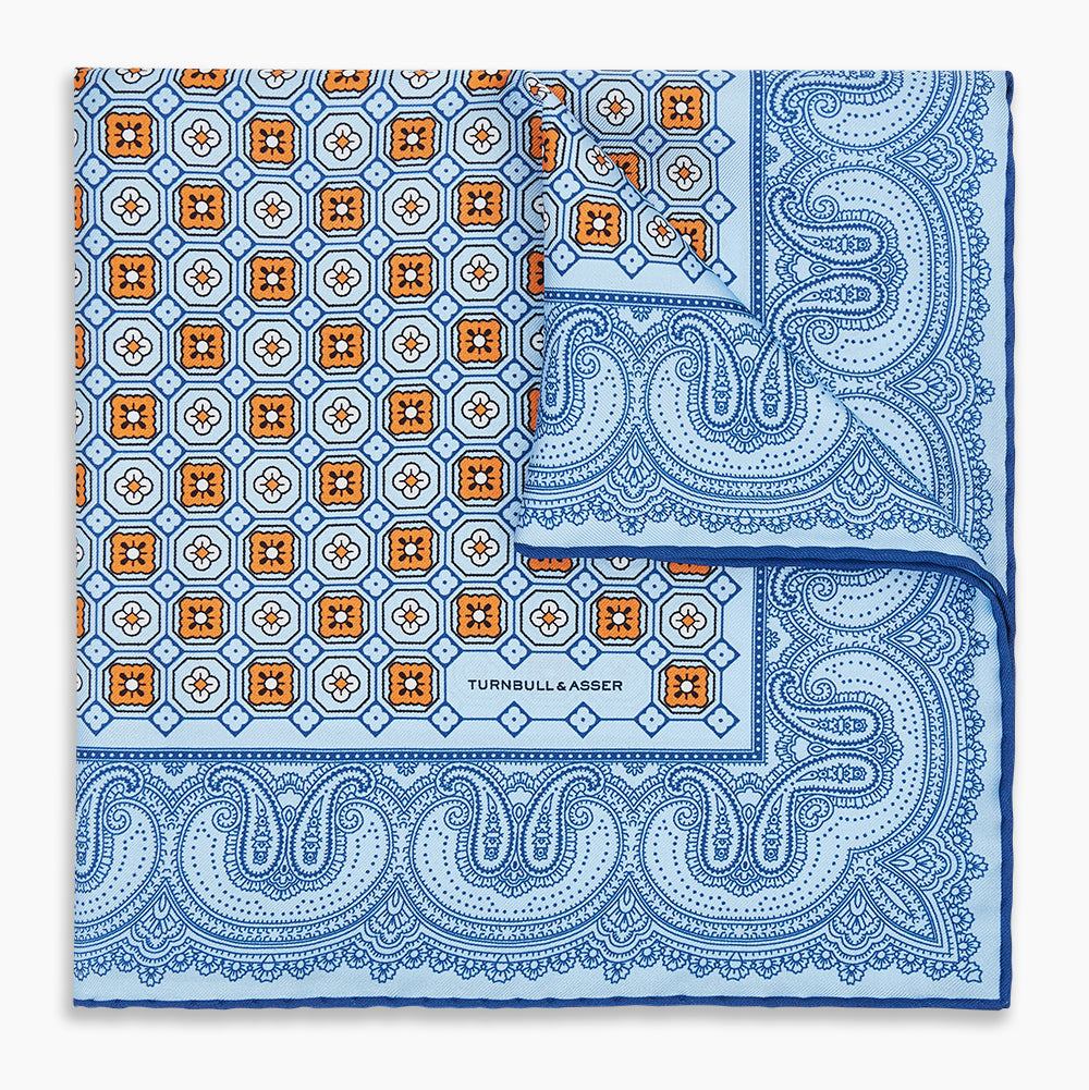 Image 1 of product Blue Floral Tile and Paisley Silk Pocket Square