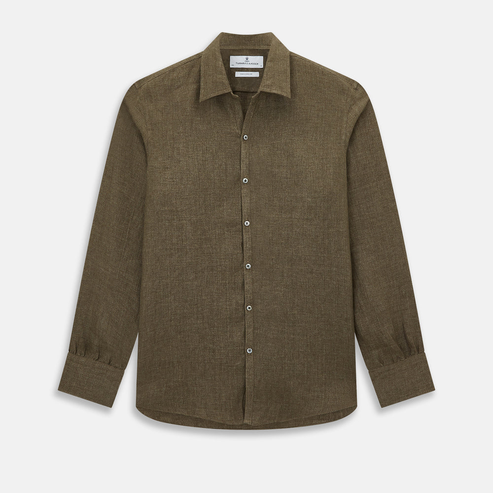 The Olive Linen Windsor Shirt by Turnbull & Asser features long sleeves, a classic Windsor collar, buttoned cuffs, and a straight hem—expertly crafted in Britain and shown against a white background.