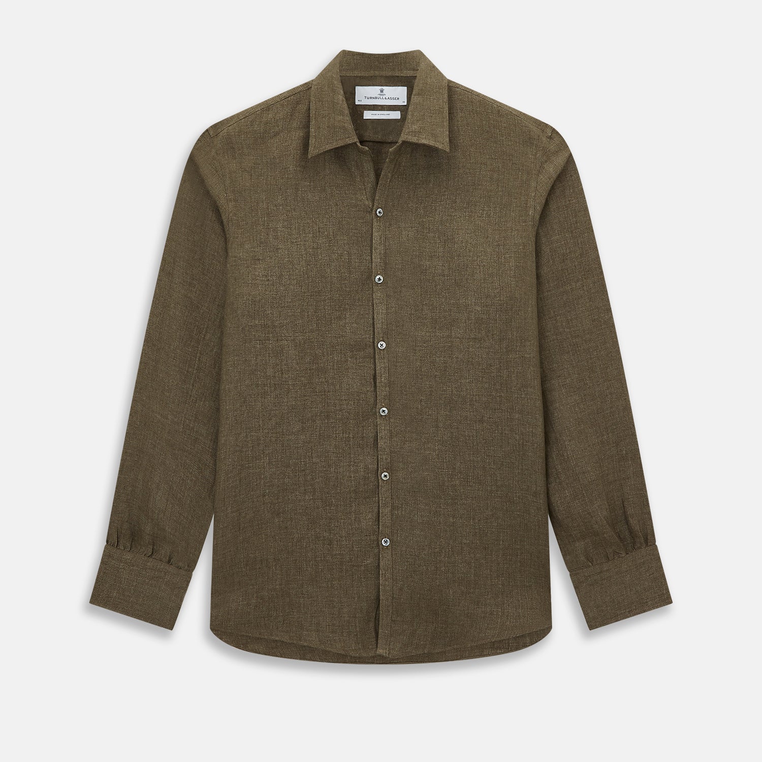 View 1 of product The Olive Linen Windsor Shirt by Turnbull & Asser features long sleeves, a classic Windsor collar, buttoned cuffs, and a straight hem—expertly crafted in Britain and shown against a white background.