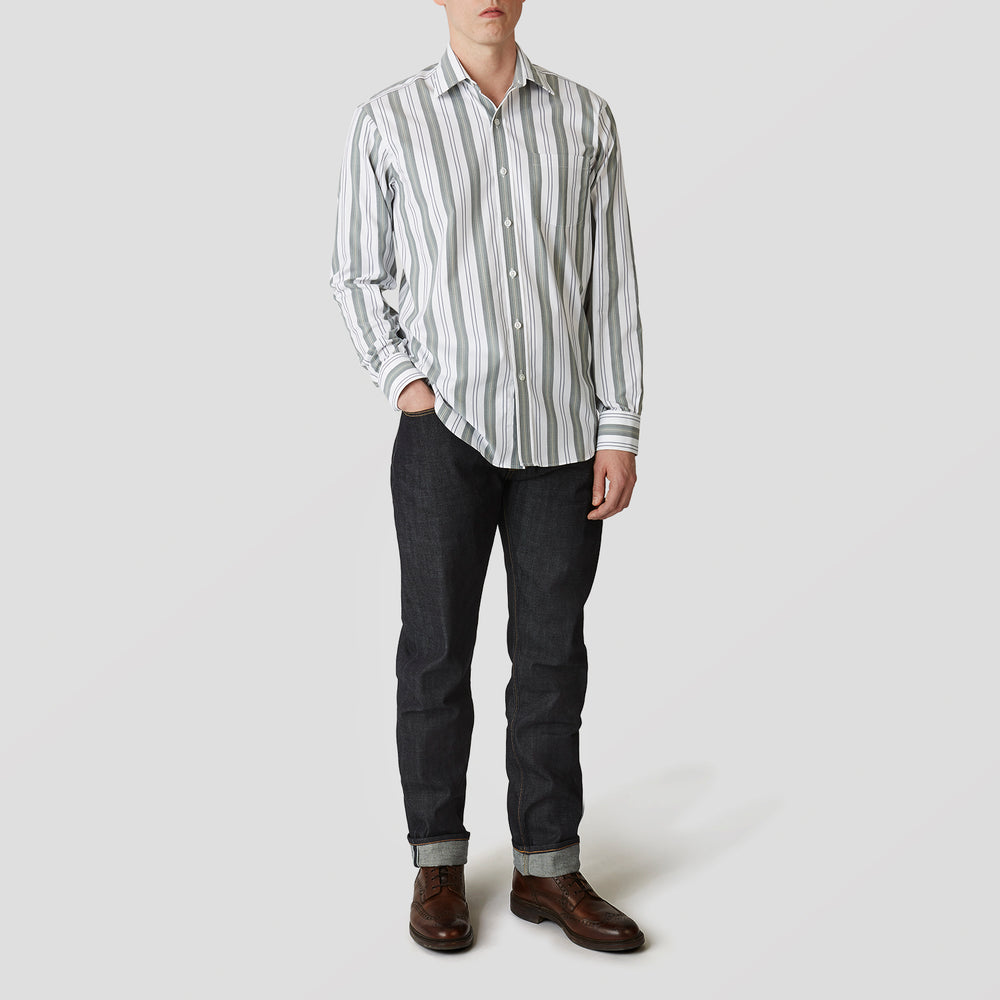 The Turnbull & Asser Green, Blue & White Stripe Weekend Fit Shirt features a Derby collar, 1-button cuffs, and chest pocket—ideal for stylish winter layering and classic sophistication.