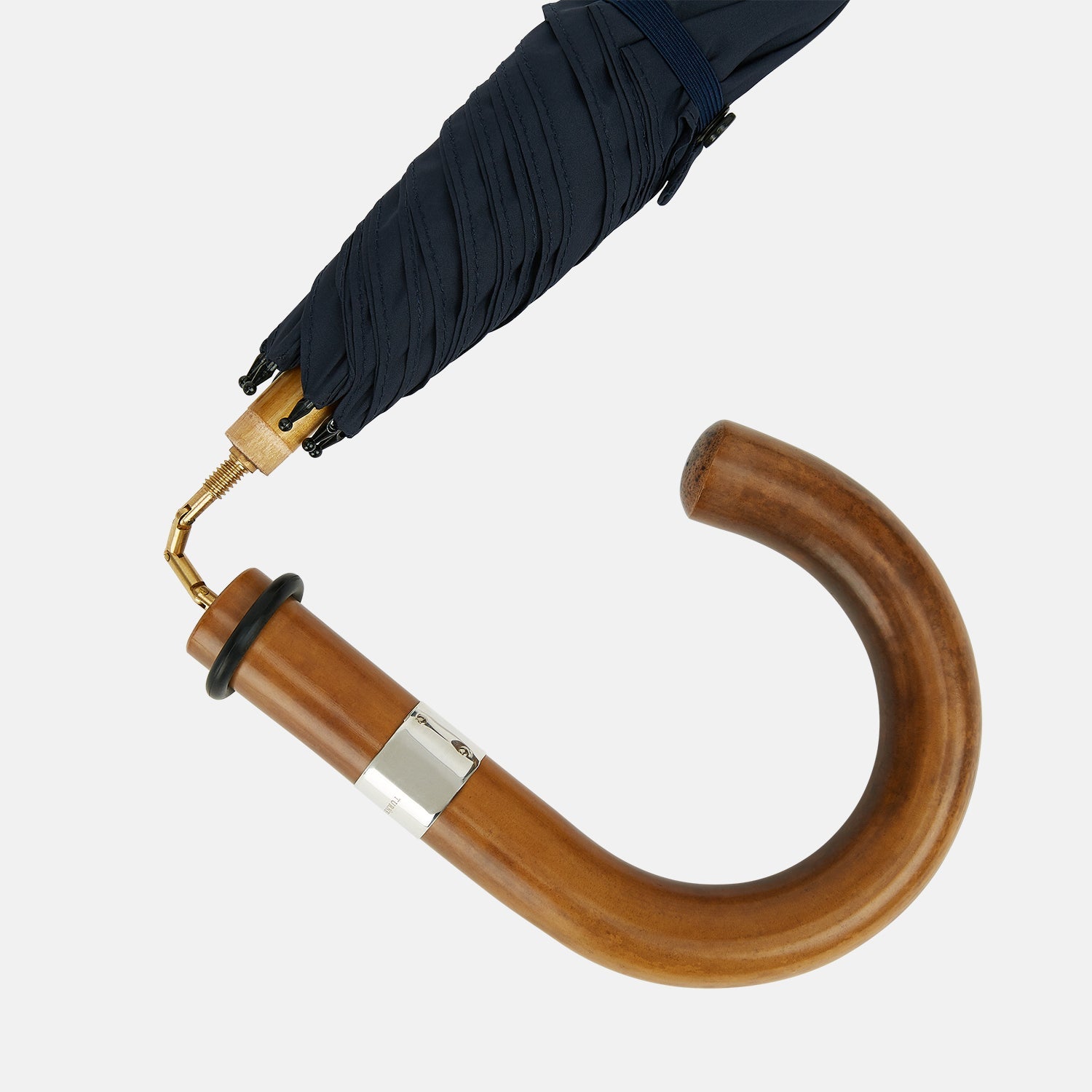 View 3 of product The Turnbull & Asser Navy Traveller Umbrella features a Malacca crook handle and is shown open against a plain white background.