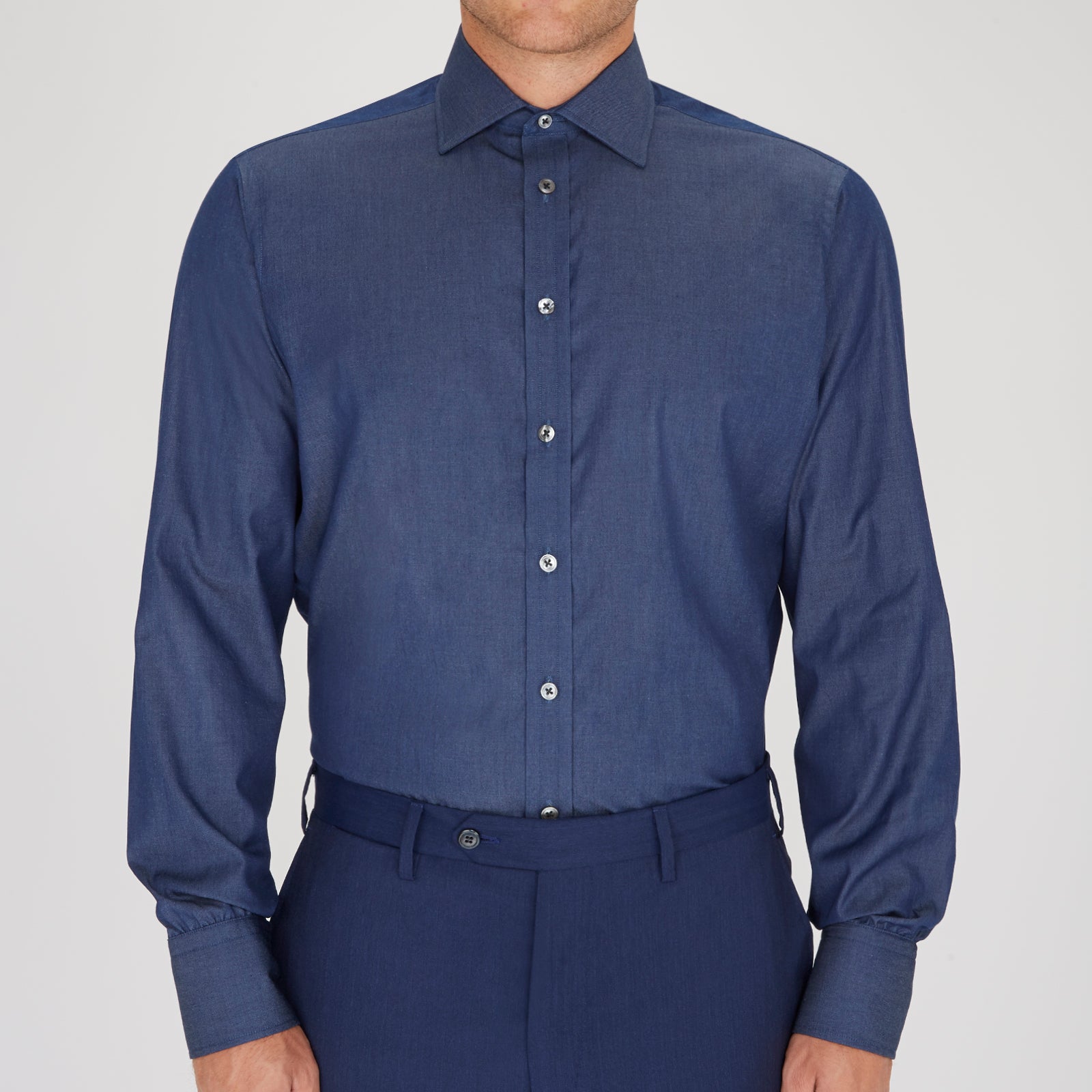 Dark Blue Denim-Cashmere Shirt with Regent Collar and 3-Button Cuffs