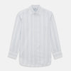 View 1 of product The Turnbull & Asser Pale Blue Multi Stripe Mayfair Shirt, featuring long sleeves, a classic collar, and buttoned cuffs, exemplifies British craftsmanship and is shown flat on a white background for a crisp look.