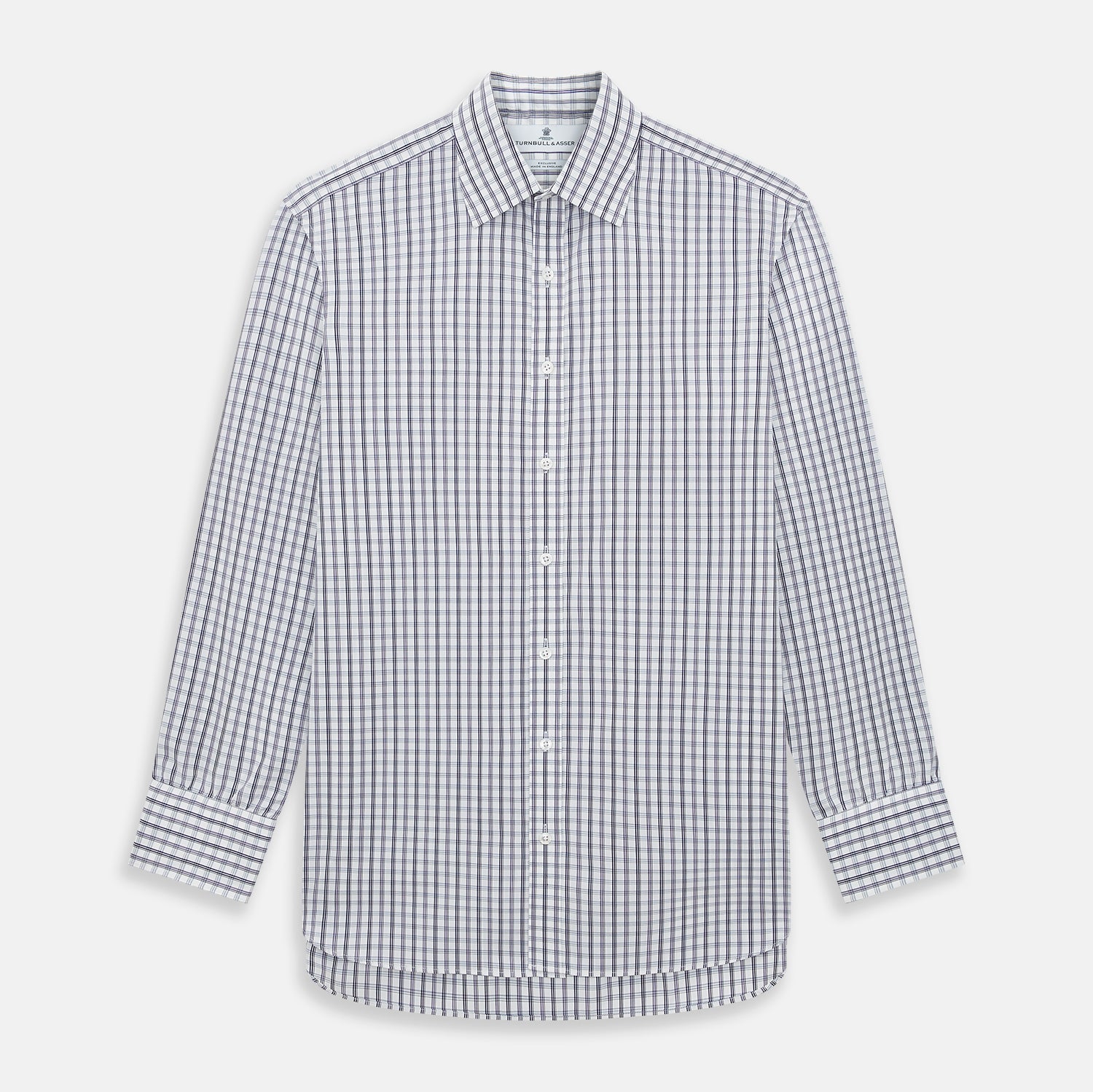 View 1 of product The Turnbull & Asser Purple Multi Check Mayfair Shirt is a long-sleeved, button-up cotton shirt with a collar and purple check pattern, perfect for formal wear and shown against a plain white background.