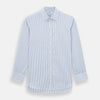 View 1 of product The Blue and Navy Double Stripe Mayfair Shirt by Turnbull & Asser features a classic T&A collar and thin blue stripes on a white background, displayed against a plain white surface.
