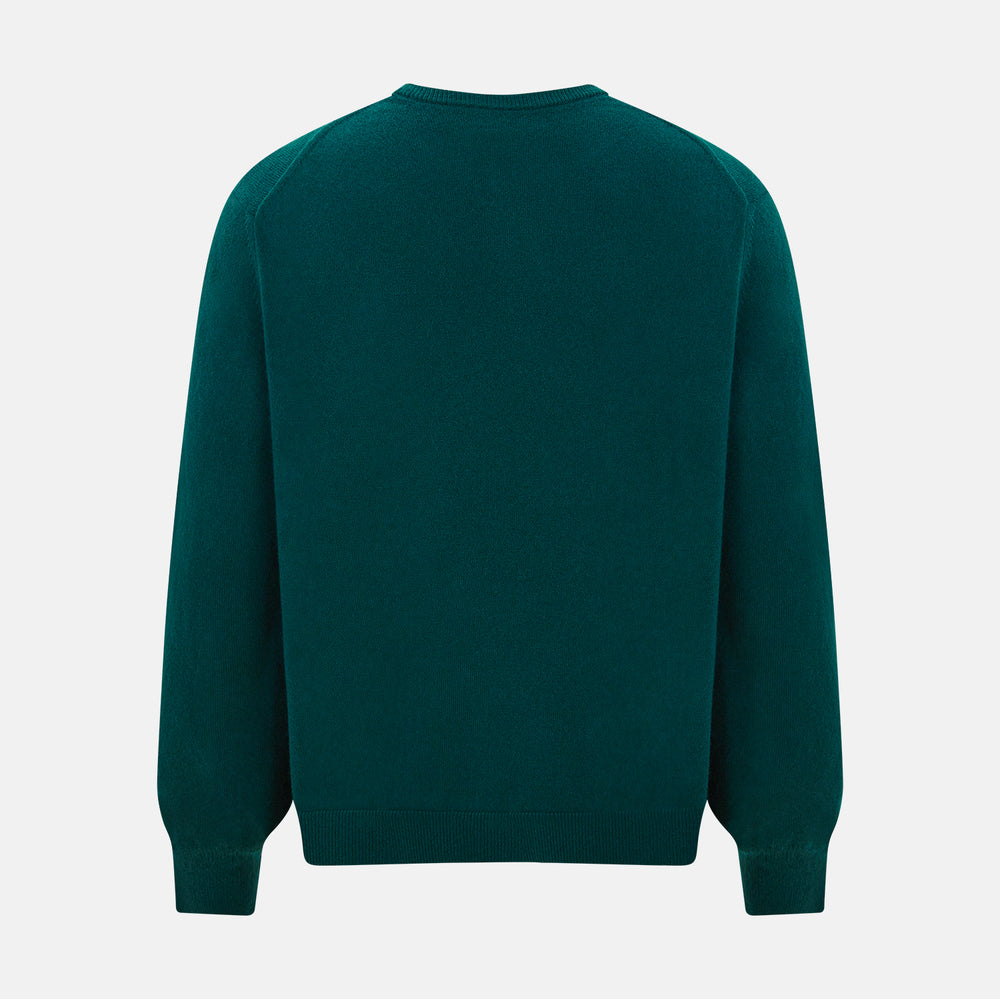 The Turnbull & Asser Moss Green Cashmere Round Neck Jumper, shown on a plain white background, is men's knitwear with long sleeves and a classic design featuring ribbed cuffs, neckline, and hem for timeless style.
