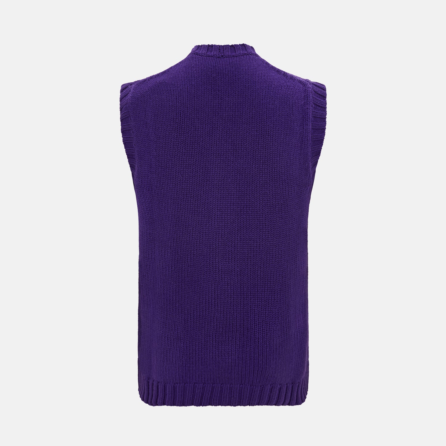 View 3 of product The Turnbull & Asser Purple Merino V-Neck Sleeveless Cardigan features a ribbed collar, button-down front, and two pockets—a refined light layer for gentlemen—shown on a plain white background.