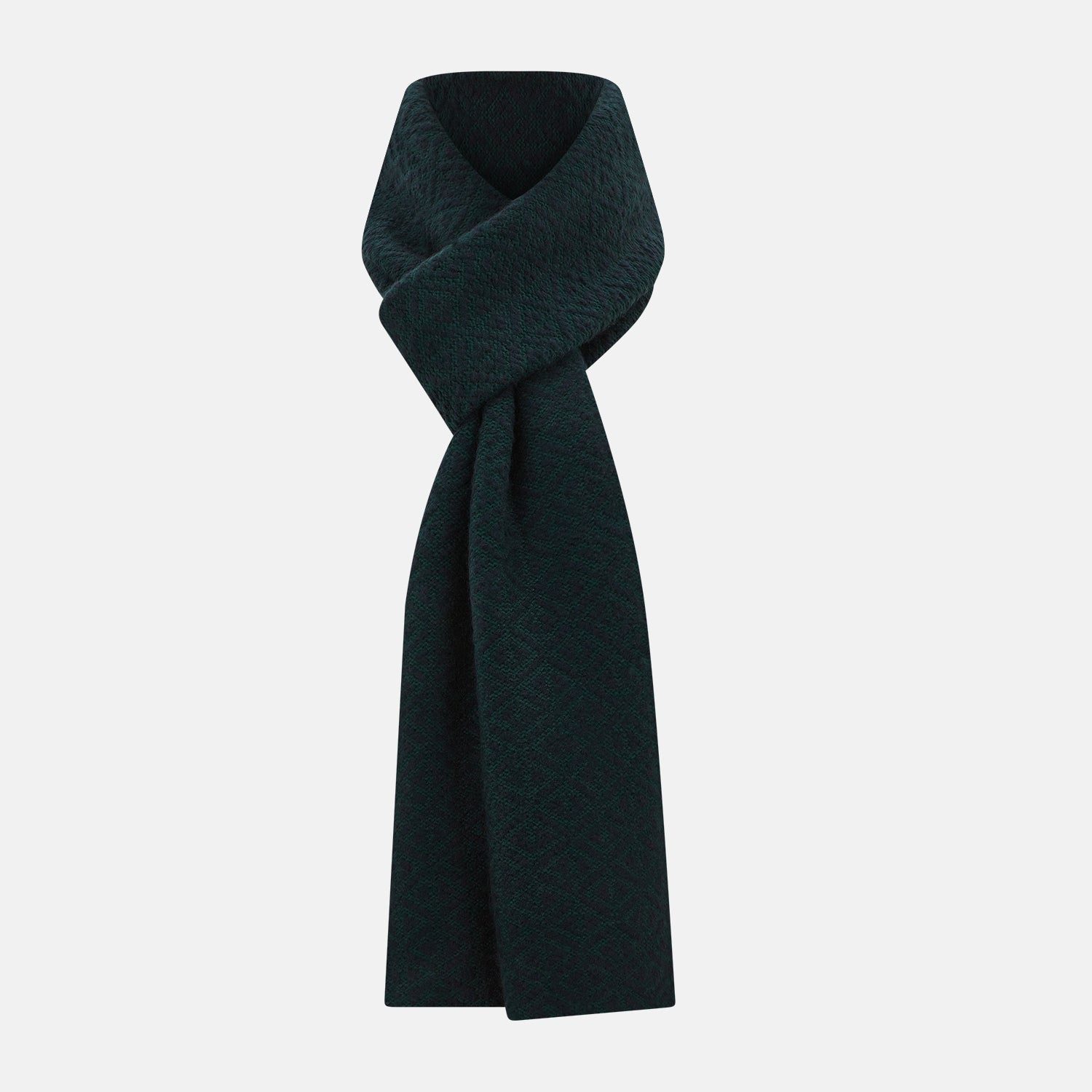 Image 1 of product The Turnbull & Asser Navy Blue and Forest Green Diamond-Patterned Cashmere Knitted Scarf features a subtle textured design, shown loosely draped with ends hanging down—an essential, stylish addition to any cool-weather wardrobe.