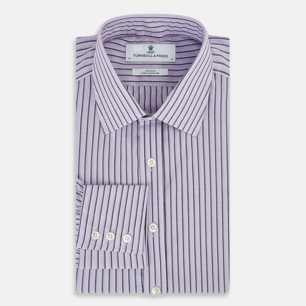 The Turnbull & Asser Lilac Ticking Stripe Mayfair Shirt in Italian cotton features long sleeves, a classic collar and cuffs, and is shown on a white background.